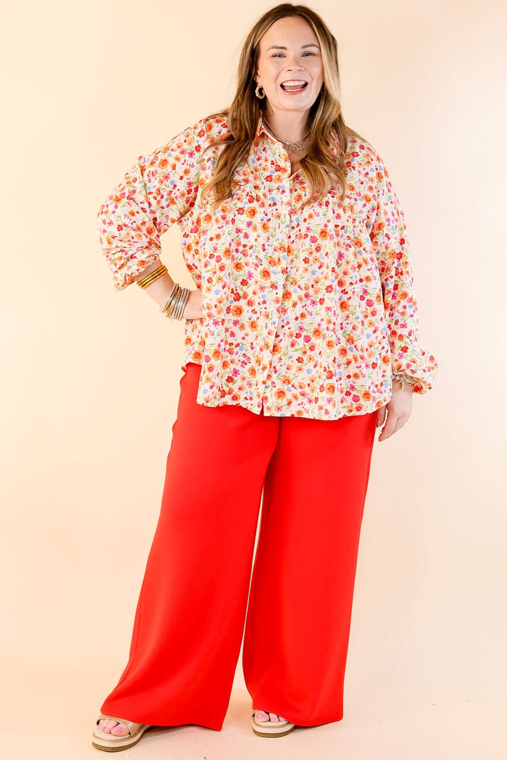 Secret Garden Floral Print Top with Collar and Long Sleeves in Cream