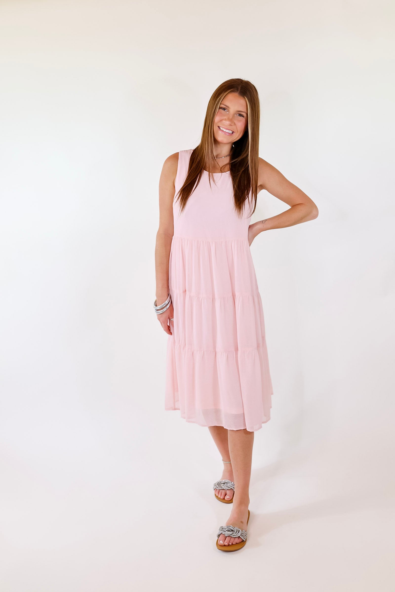 Blush Pink Tiered Tank Midi Dress detail view