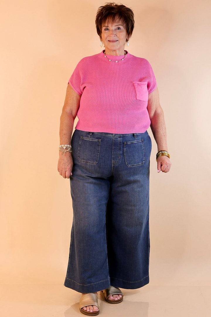 Repeat Worthy Cap Sleeve Cropped Sweater with Front Pocket in Candy Pink