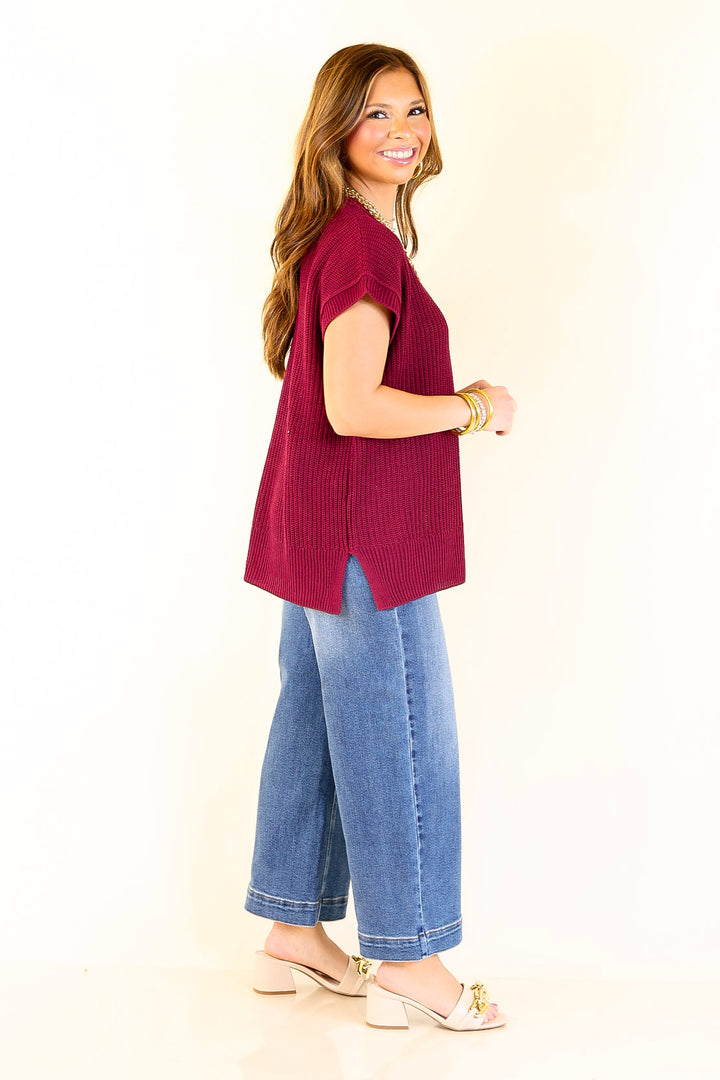 Style Refresh Drop Shoulder Short Sleeve Knit Sweater Top in Maroon