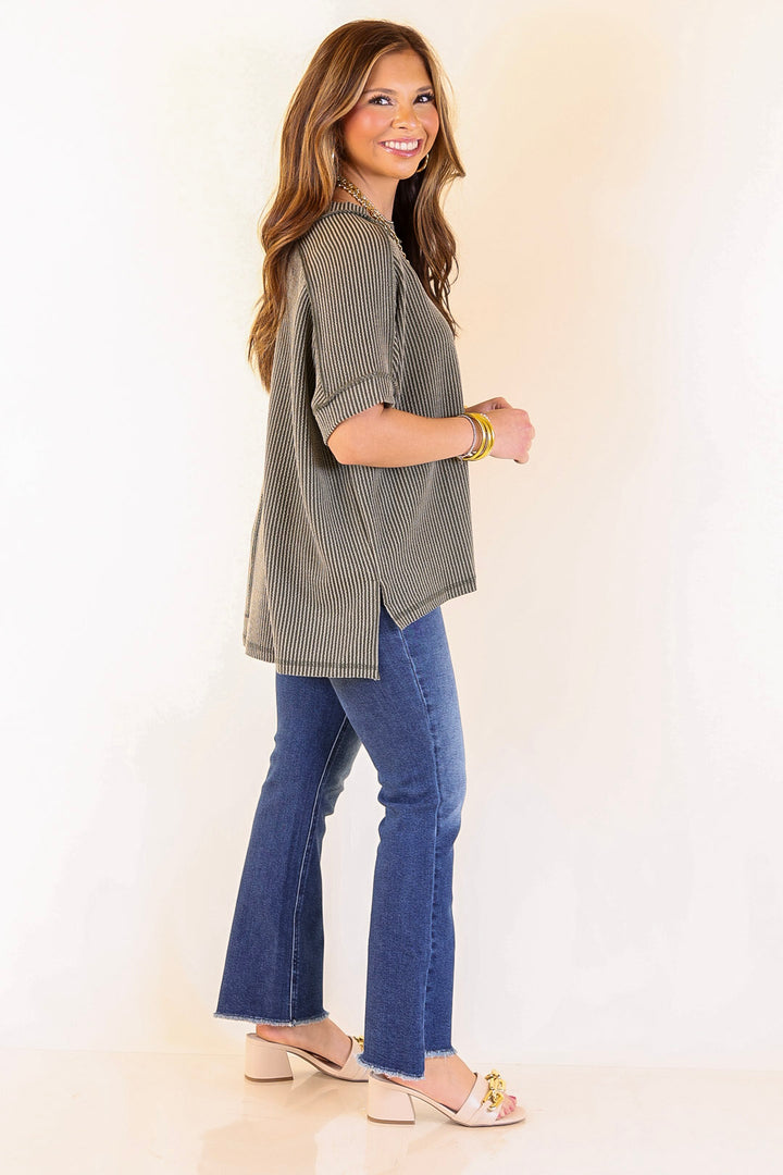 Daily Perfection Scoop Neck Short Sleeve Ribbed Top in Olive Green