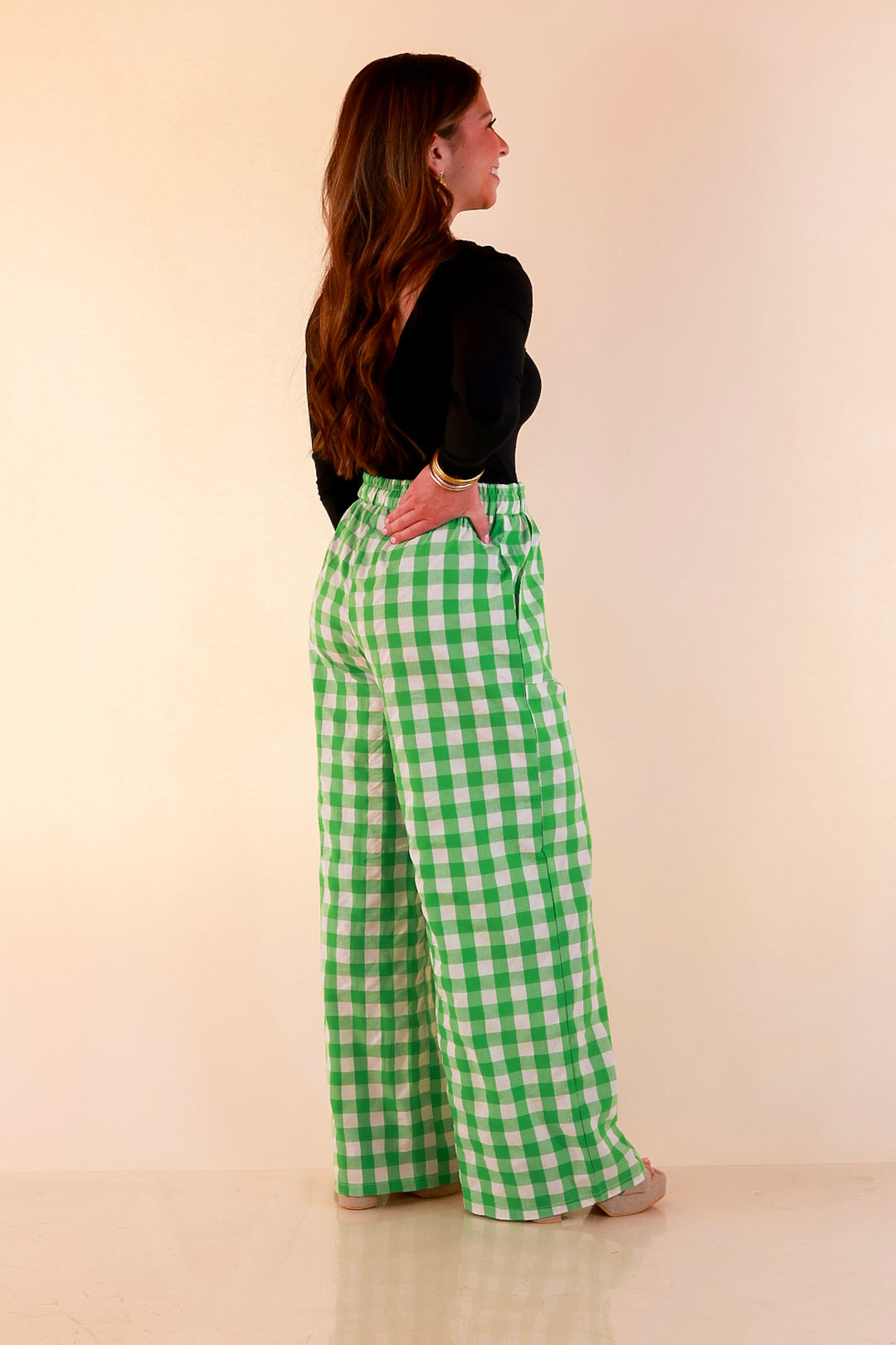 Pairs Well with Others Gingham Print Drawstring Pants with Elastic Waistband in Green