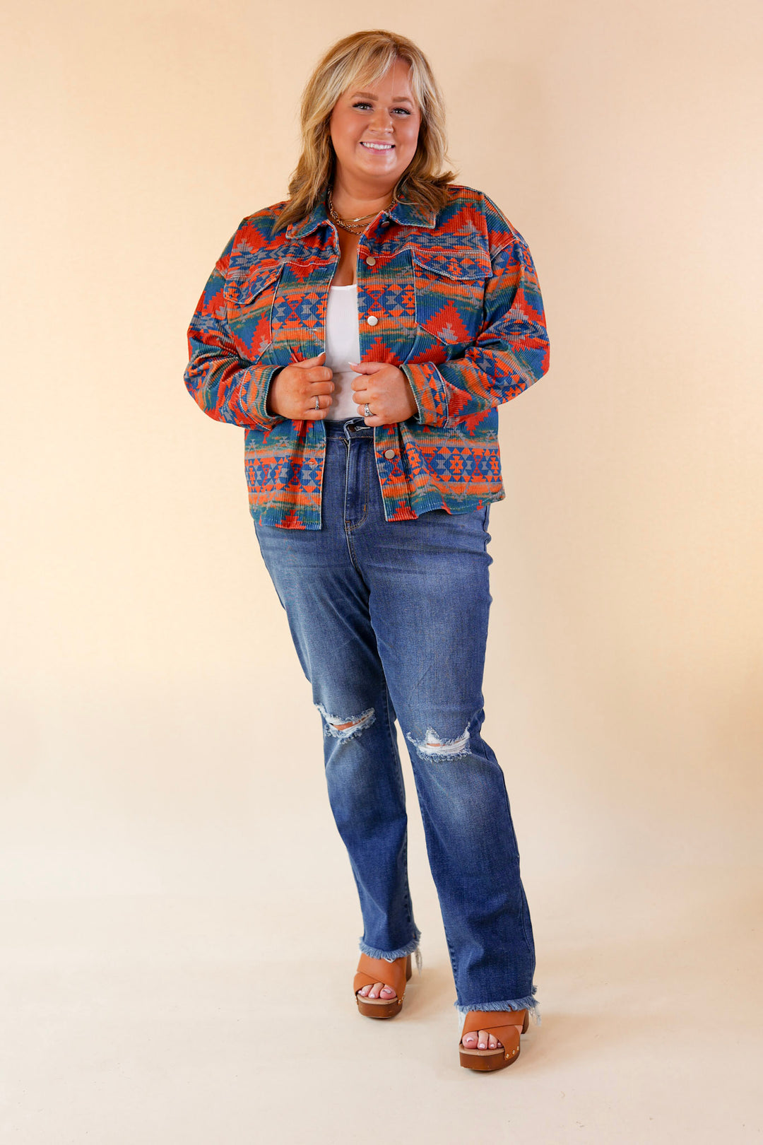 Edgy and Chic Button Up Corduroy Aztec Print Jacket in Red and Blue - Giddy Up Glamour Boutique