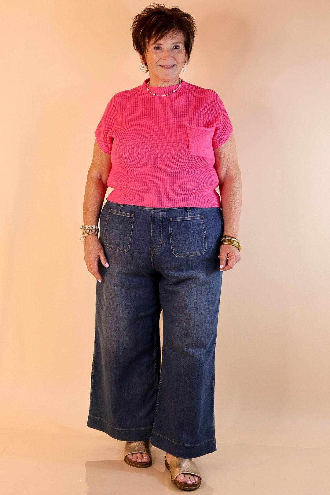 Repeat Worthy Cap Sleeve Cropped Sweater with Front Pocket in Fuchsia Pink