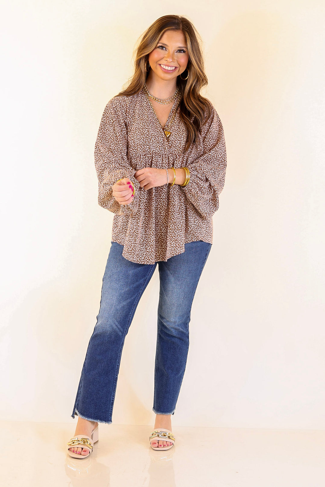 Really Dreamy Small Leopard Print Babydoll Top with Long Sleeves in Brown