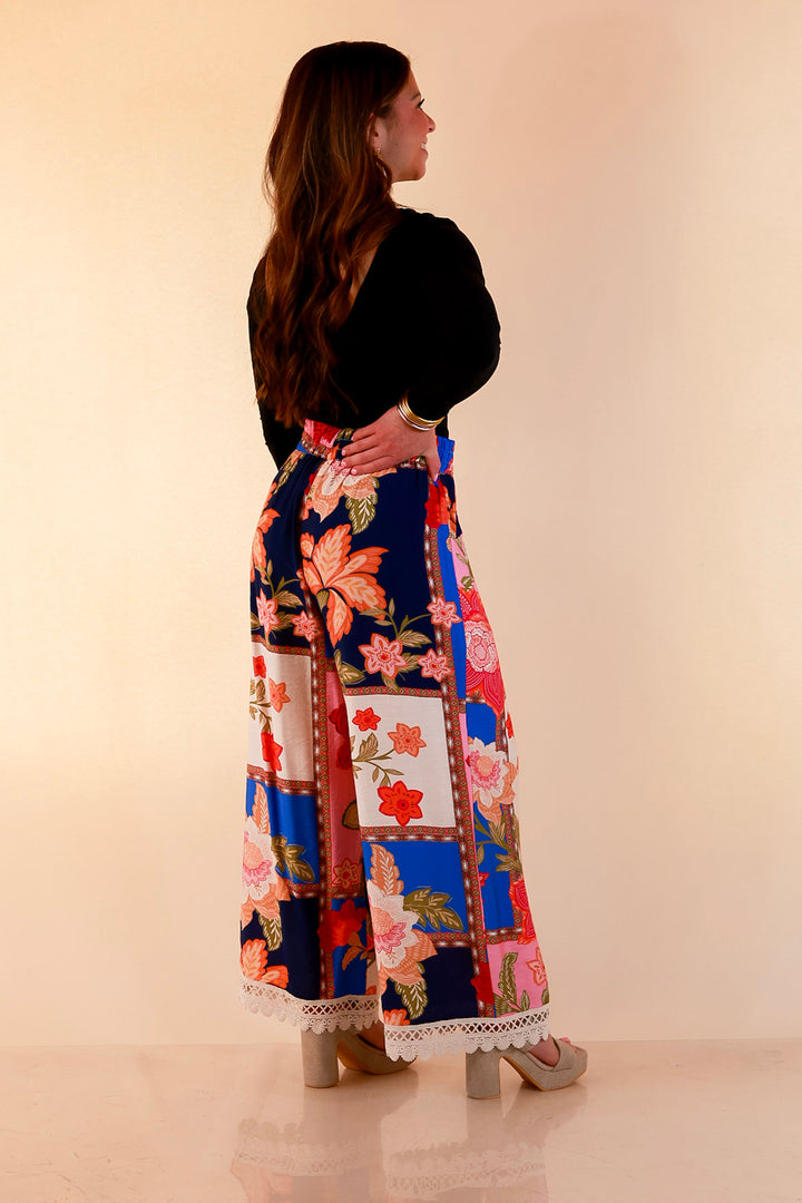 Patchwork Flair Floral Patchwork Print Wide Leg Pants with Lace Trim in Blue Mix