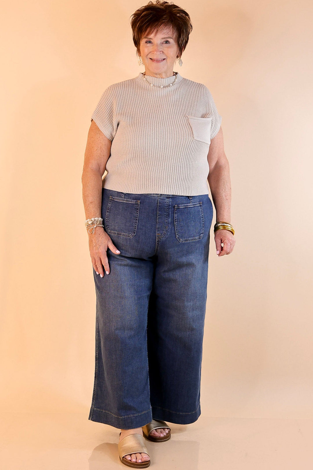 Repeat Worthy Cap Sleeve Cropped Sweater with Front Pocket in Bone Cream