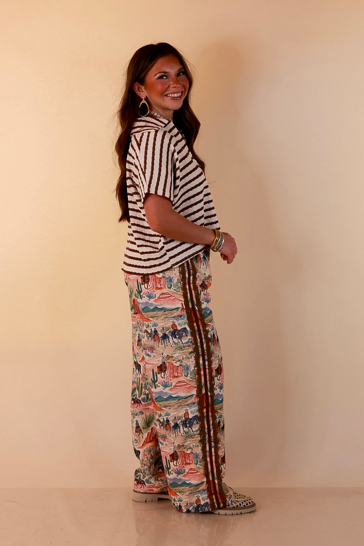 Simply Said Striped Drop Shoulder Collared Cropped Top in Ivory with Chocolate Brown Stripes