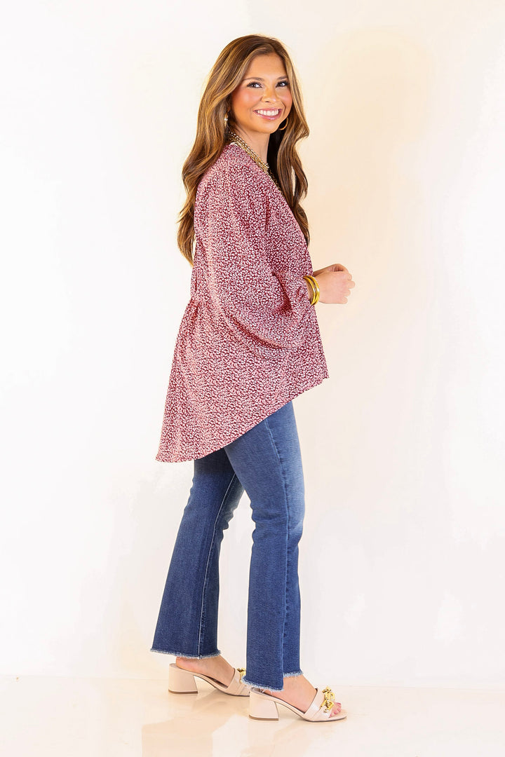 Really Dreamy Small Leopard Print Babydoll Top with Long Sleeves in Burgundy Red