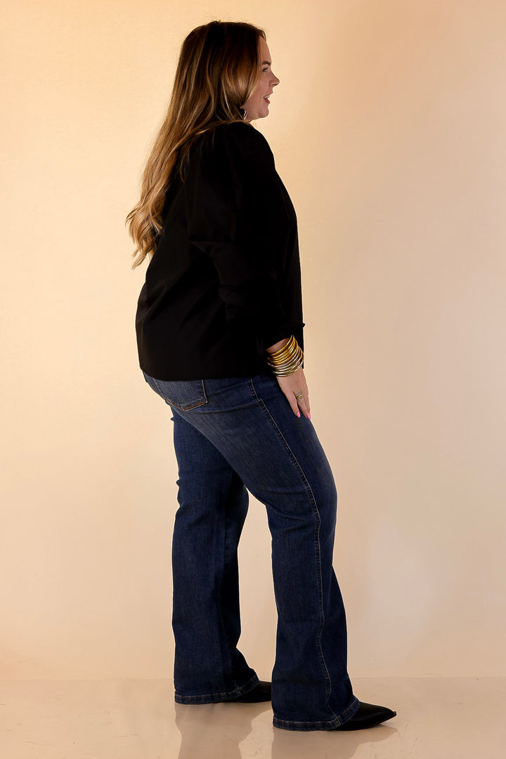 Trimmed in Style Puff Long Sleeve Blouse with Contrast Leopard Trim and Ruffle in Black