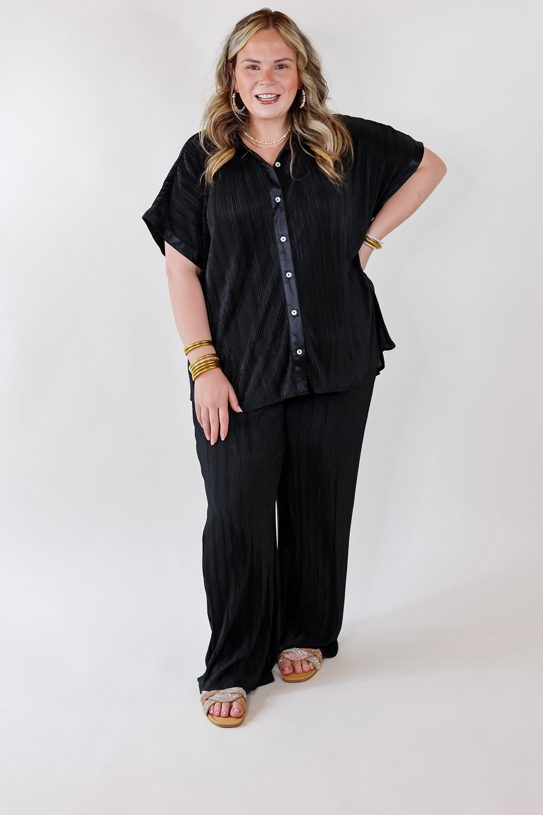 Walking In Paradise Plissé Drawstring Pants in Black - Giddy Up Glamour Boutique