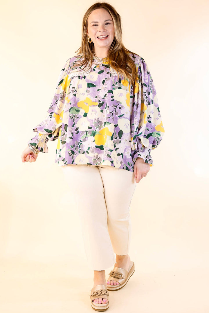 Destination Obsessed Crocheted Detail Floral Long Sleeve Blouse in Lavender