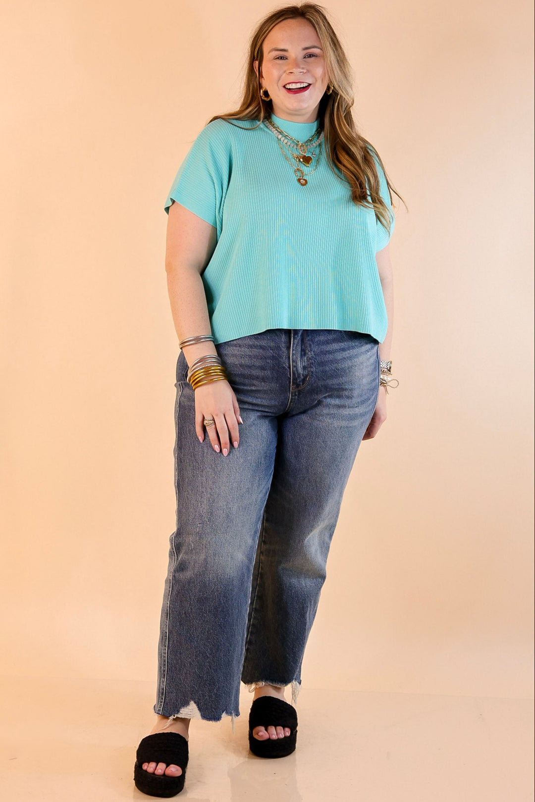 Never Out of Style Short Sleeve Mock Neck Top in Mint Sky Blue