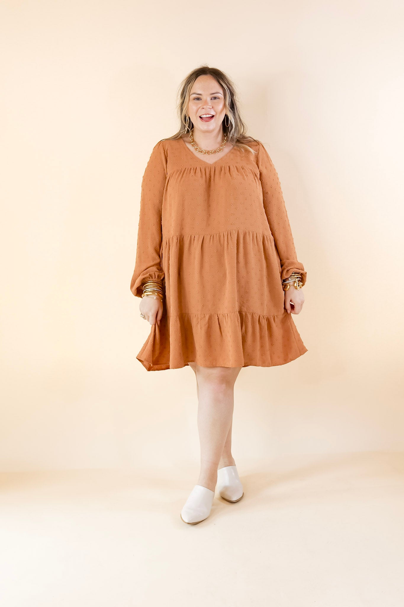 Hey Girl Long Sleeve Swiss Dot Dress in Clay Brown - Giddy Up Glamour Boutique