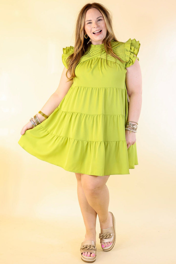 Chic On Scene Ruffle Tiered Dress with Pleated Detailing in Pistachio Green