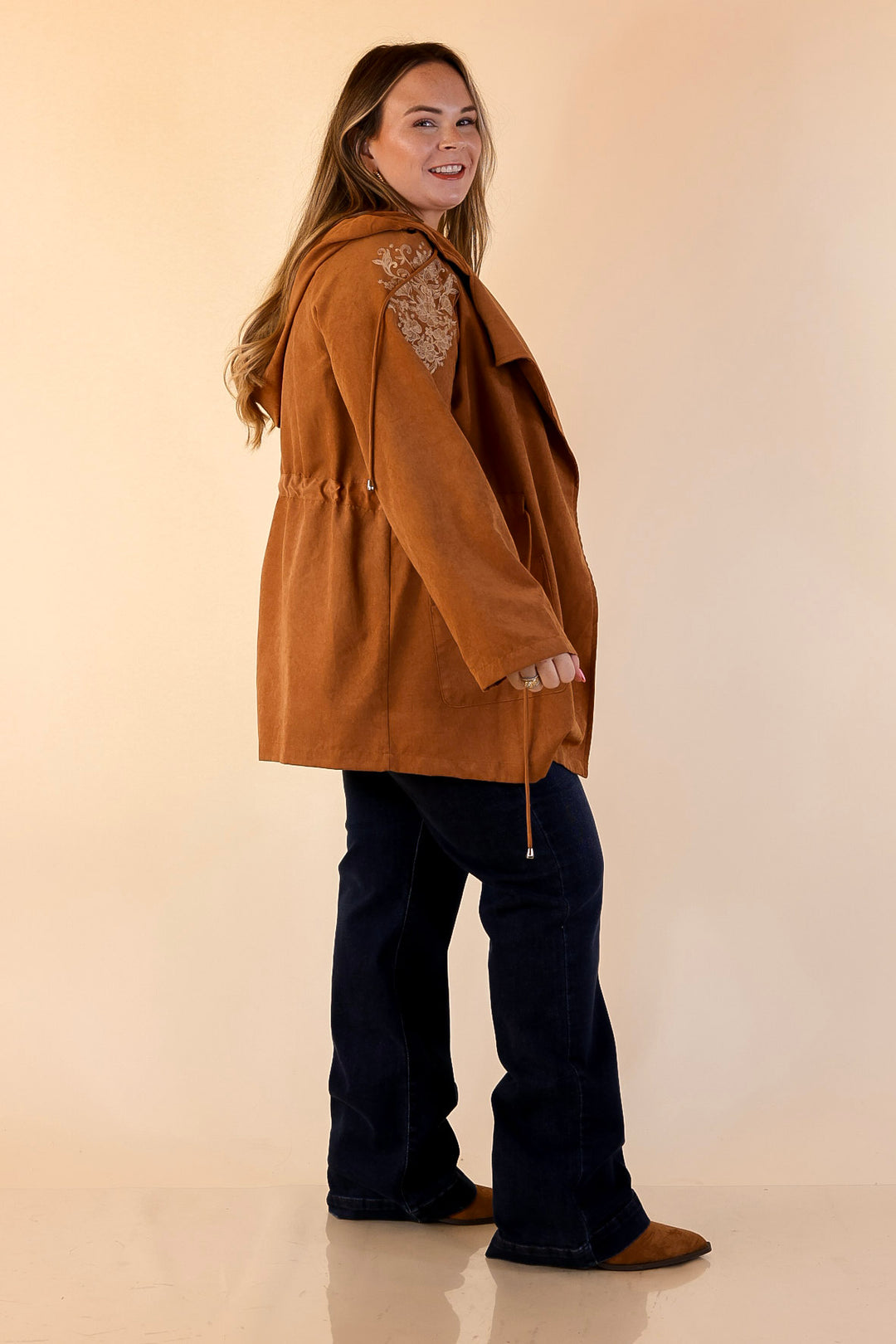 Fill Up Your Cup Embroidered Suede Utility Jacket in Tan