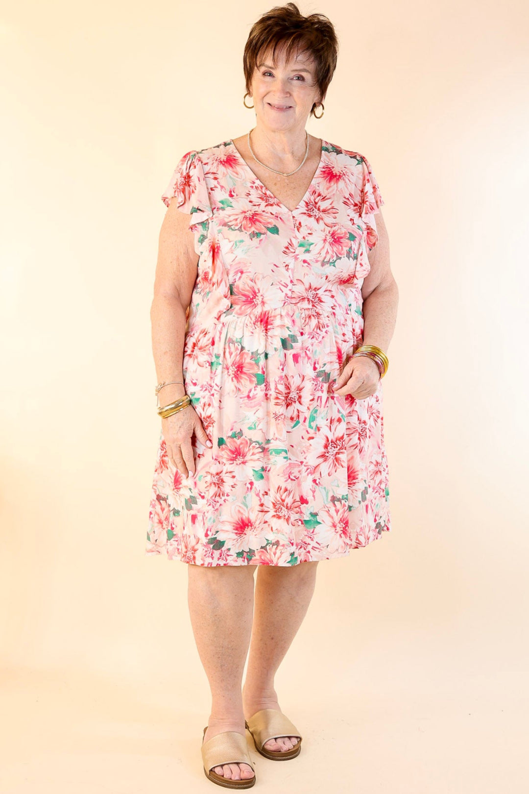 Sunshine On My Mind Floral Ruffle Cap Sleeve Dress in Pink