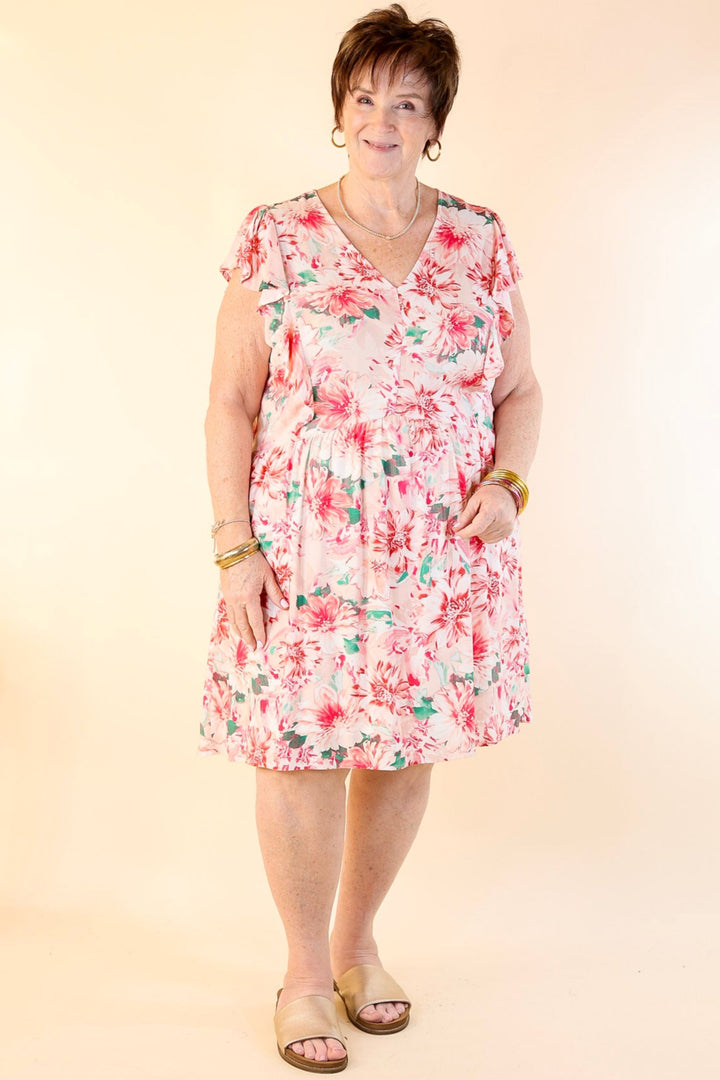 Sunshine On My Mind Floral Ruffle Cap Sleeve Dress in Pink