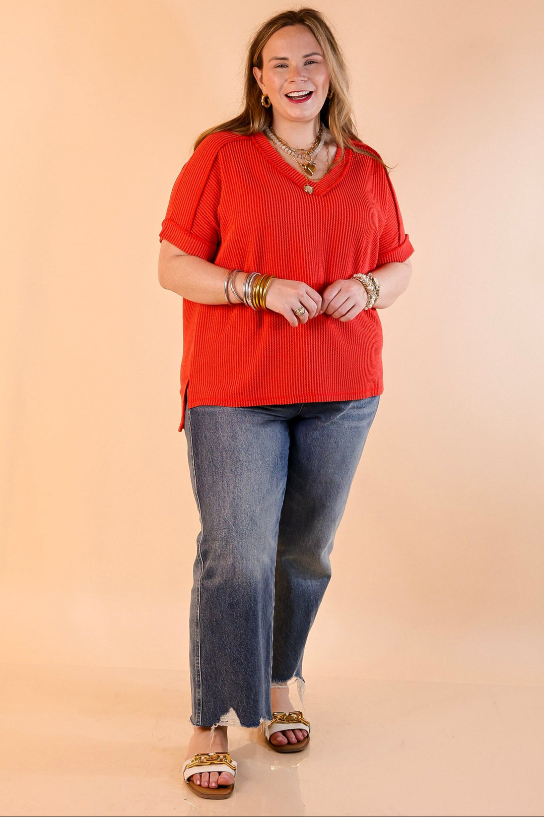 Daily Perfection Short Sleeve V Neck Top in Tomato Red