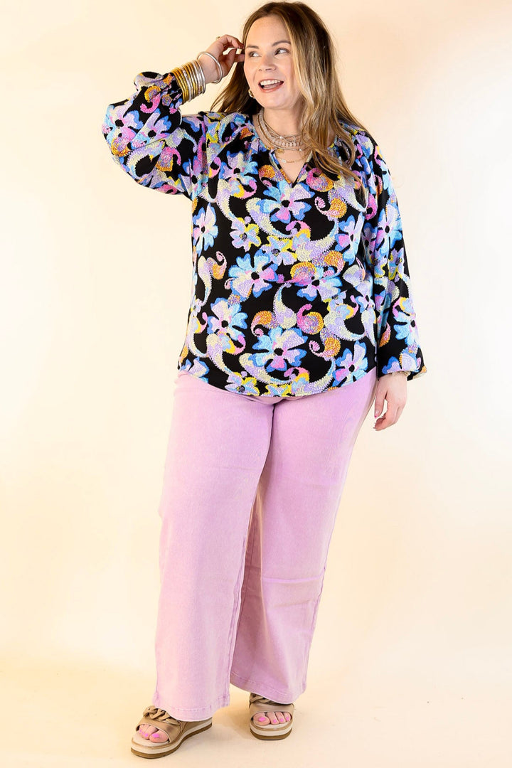 Seriously Sweet Floral Print Top with Notched Neckline in Black