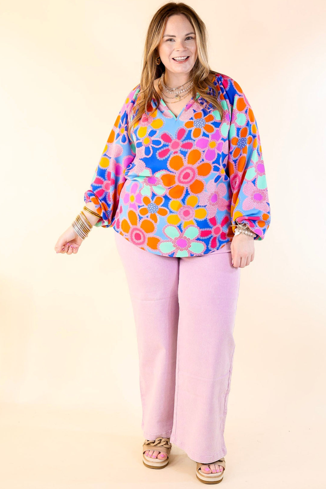 Seriously Sweet Floral Print Top with Notched Neckline in Blue