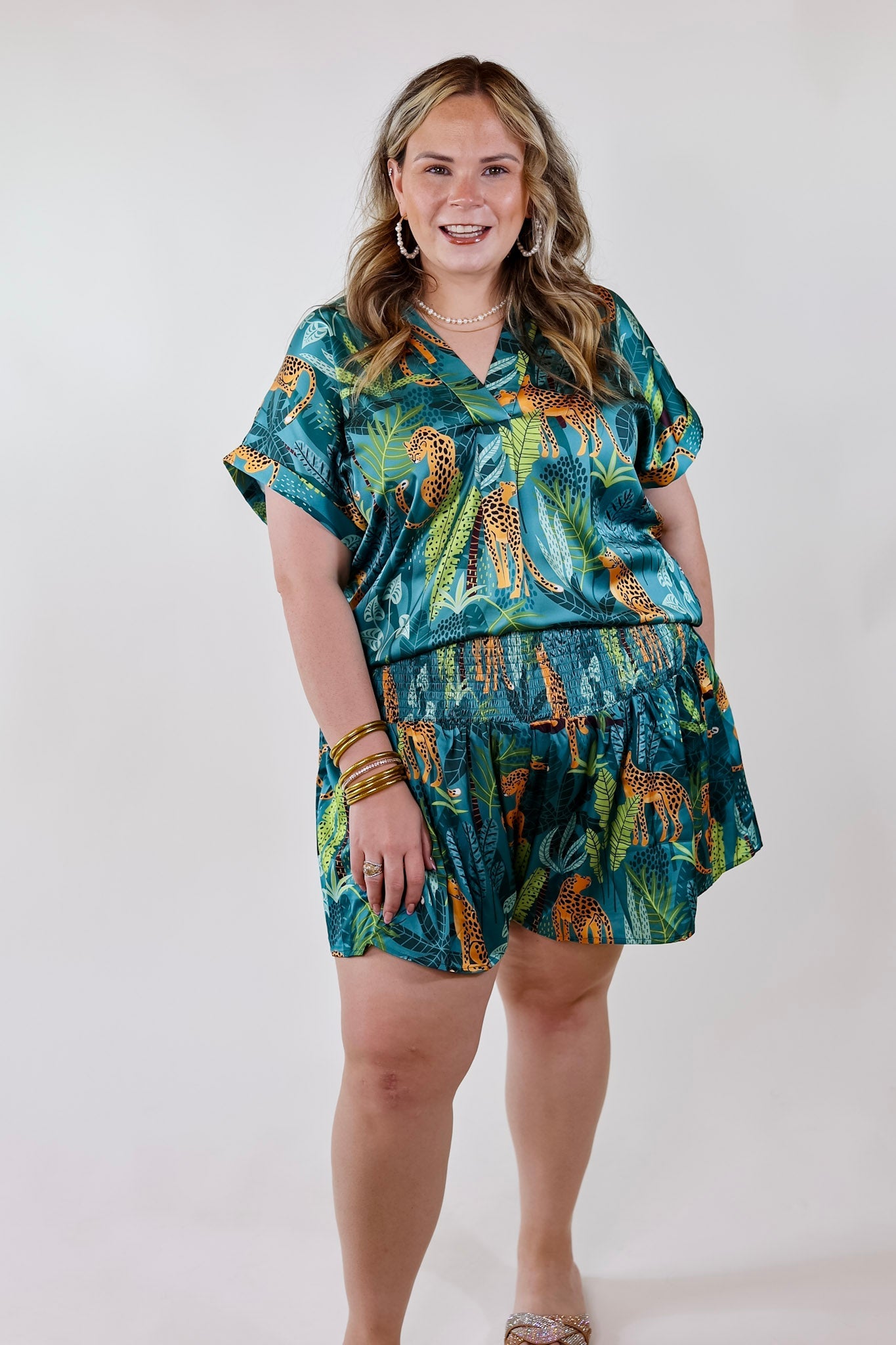 Center of Attention Jungle Print Flowy Shorts in Teal Blue - Giddy Up Glamour Boutique