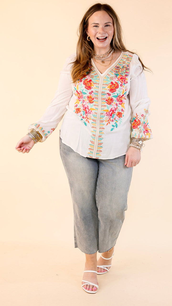 Brunch With Me Long Sleeve Embroidered Top with V Neckline in White