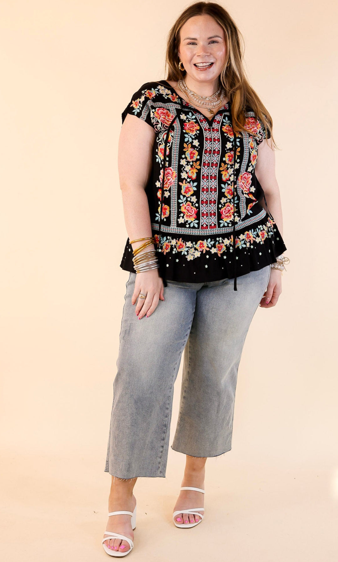 Pulled To Paradise Floral Embroidered Front Keyhole Top in Black