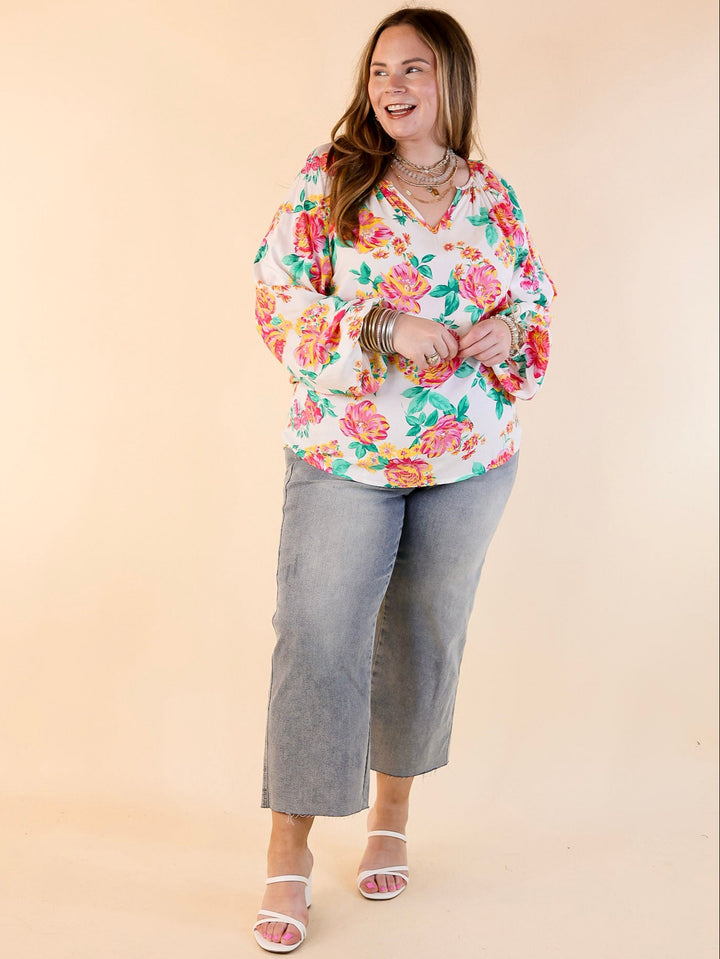 Follow Your Happiness Notched V Neck Floral Top with Long Sleeves in White
