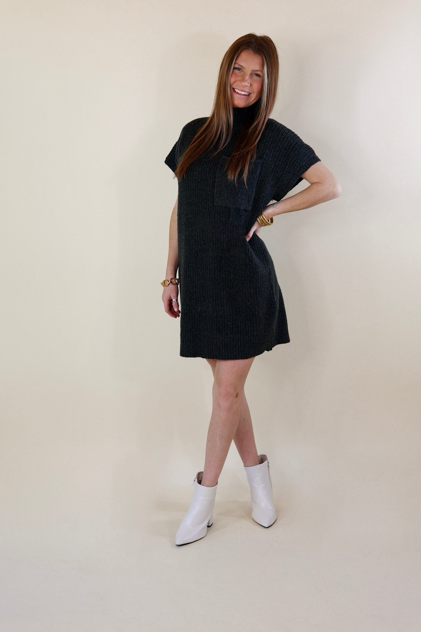 City Sights Cap Sleeve Sweater Dress in Charcoal Black - Giddy Up Glamour Boutique