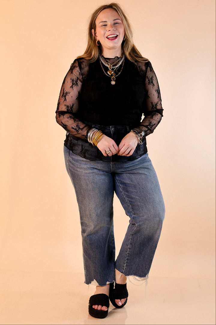 Delicate Charm Long Sleeve Sheer Lace Top with Mock Neck in Black