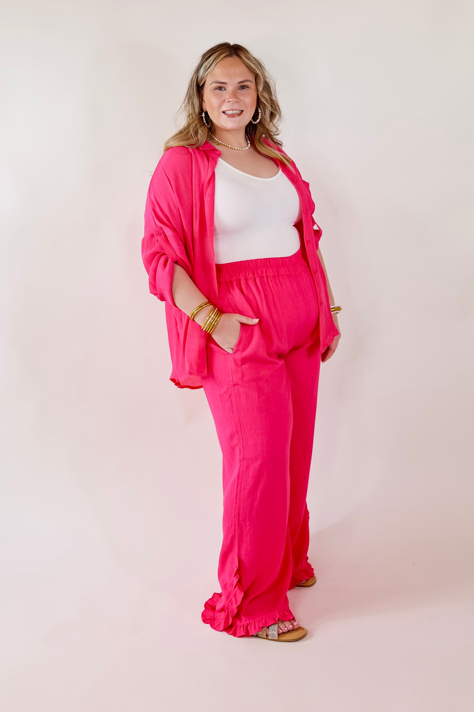 My Spotlight Ruffled Hem Linen Pants in Hot Pink - Giddy Up Glamour Boutique