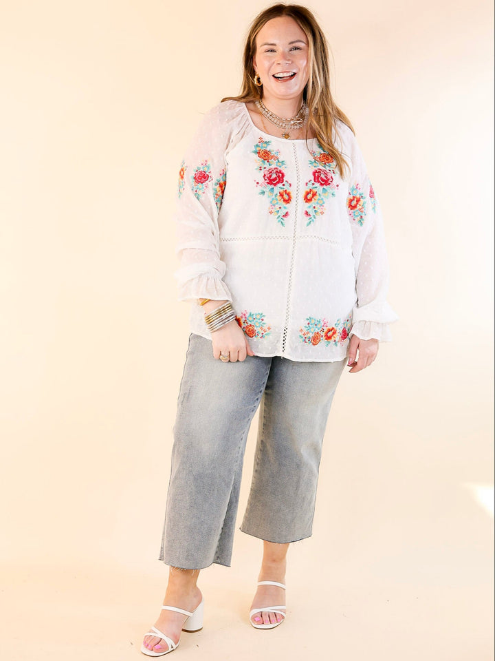 Patio Days Swiss Dot Long Sleeve Blouse with Floral Embroidery in White