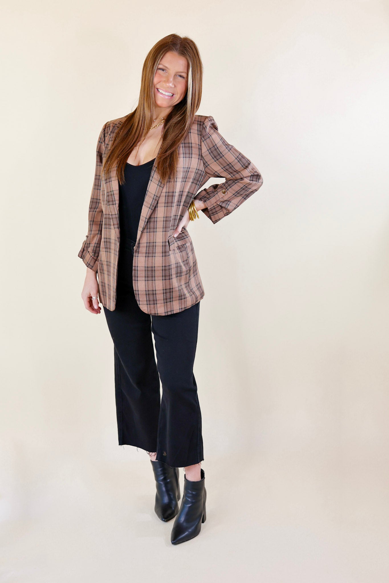 Mountain View Open Front Plaid Blazer with 3/4 Sleeves in Brown - Giddy Up Glamour Boutique