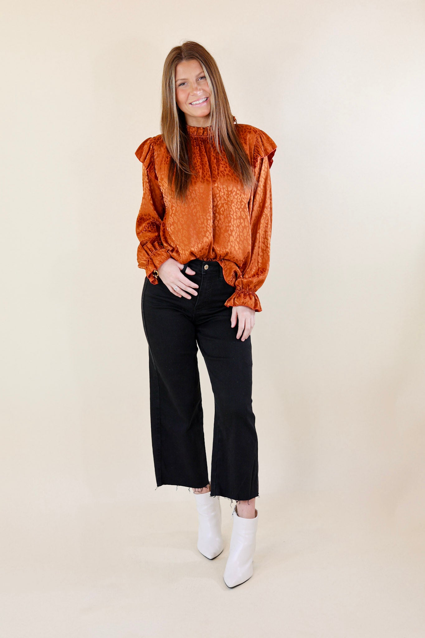 Can't Stop Me Ruffle Mock Neck Long Sleeve Leopard Print Satin Top in Rust Orange - Giddy Up Glamour Boutique