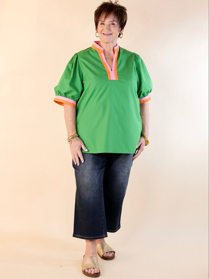 Standout Style V Neck Top with Short Balloon Sleeves in Green