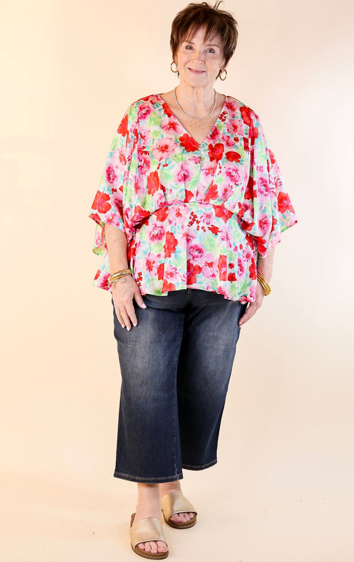 Hear the Music Drop Sleeve Satin Floral Print V Neck Peplum Top in White