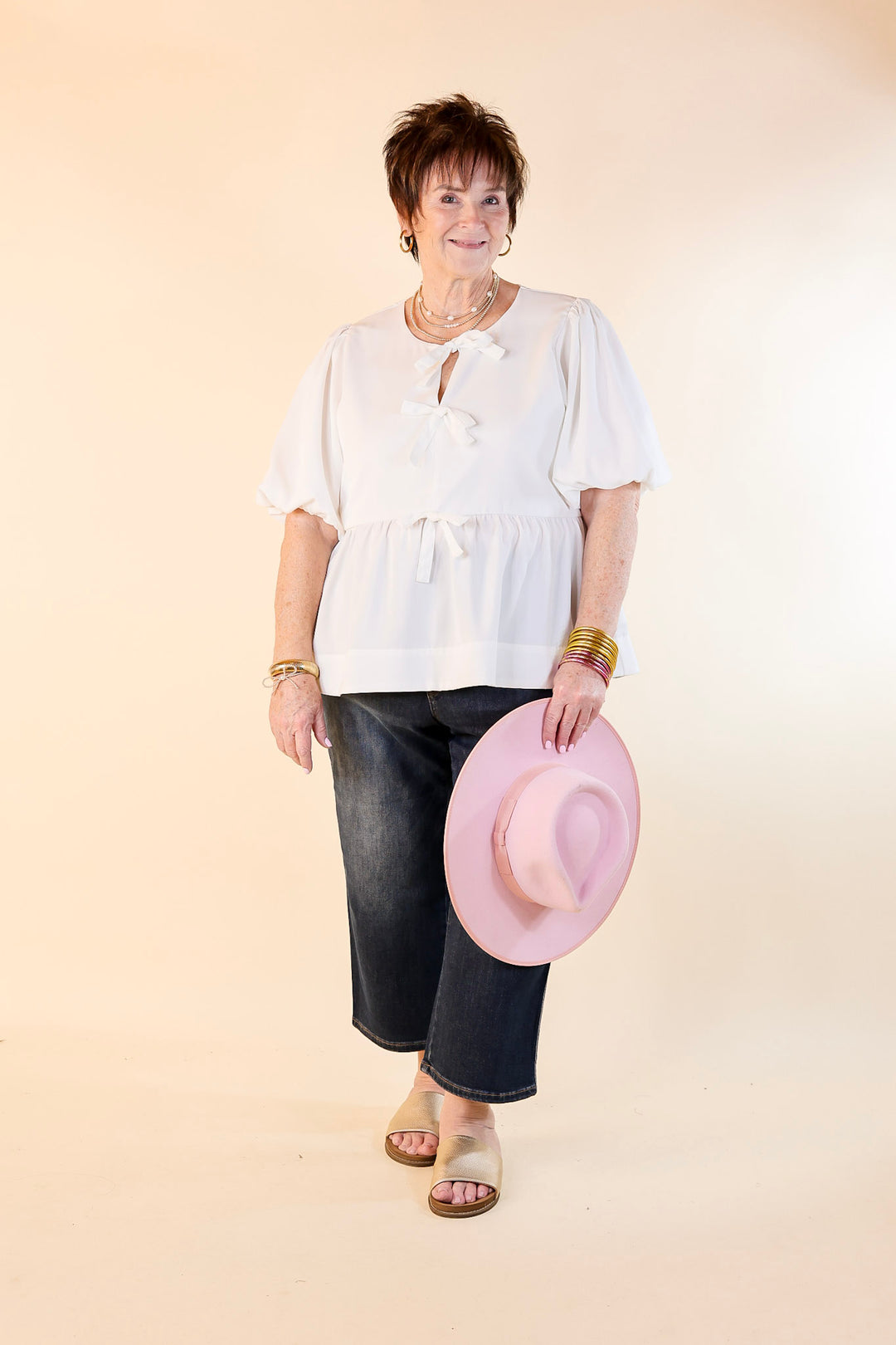 Simply Stunning Short Puff Sleeve Top with Bow Tie Detailing in Off White