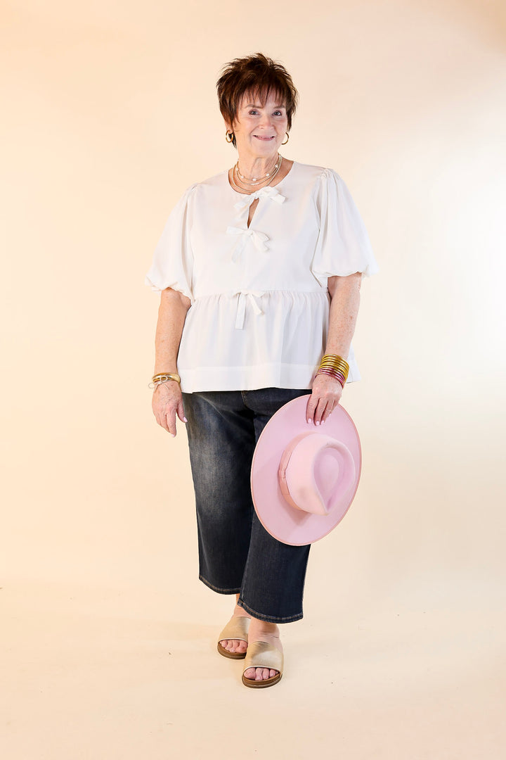 Simply Stunning Short Puff Sleeve Top with Bow Tie Detailing in Off White