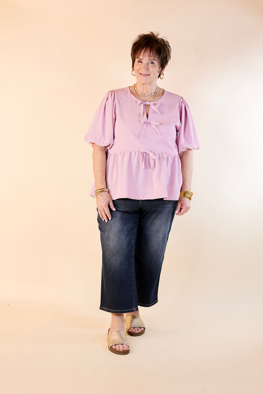 Simply Stunning Short Puff Sleeve Top with Bow Tie Detailing in Baby Pink