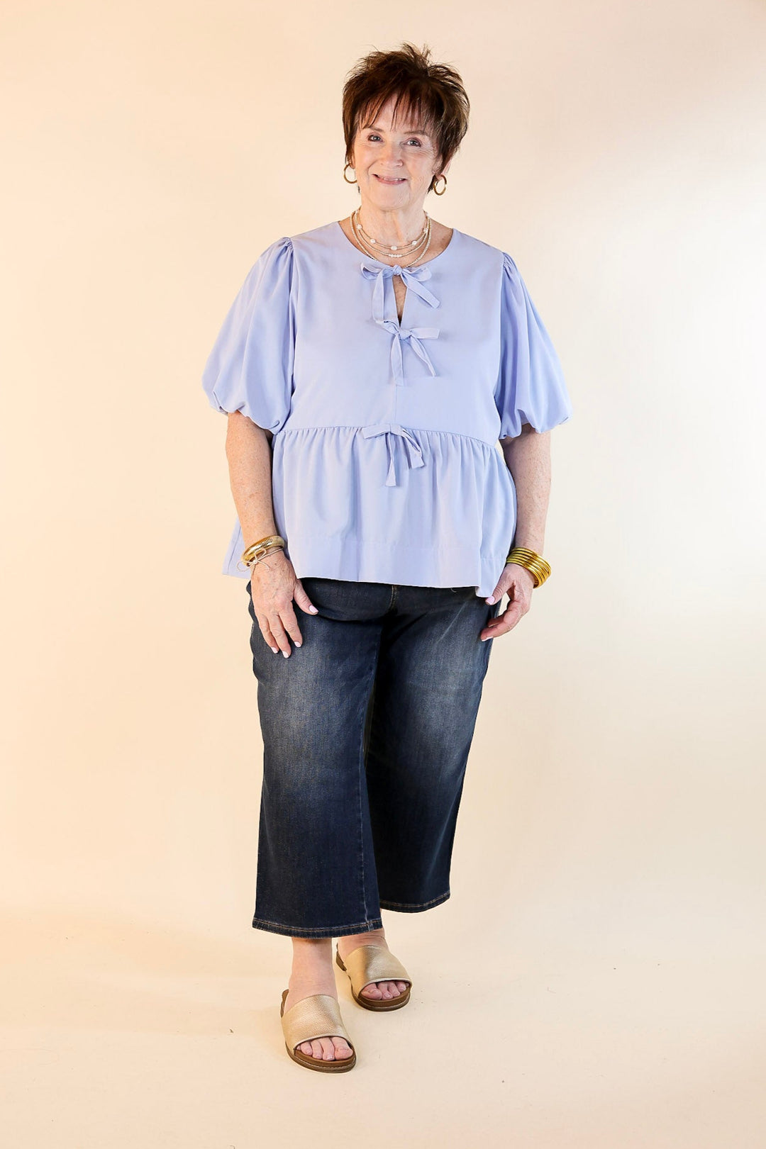 Simply Stunning Short Puff Sleeve Peplum Top with Bow Tie Detailing in Baby Blue