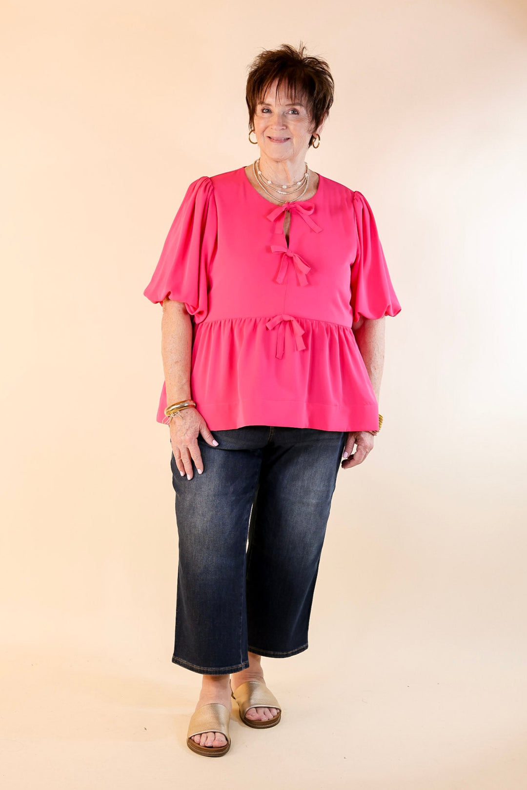 Simply Stunning Short Puff Sleeve Top with Bow Tie Detailing in Hot Pink