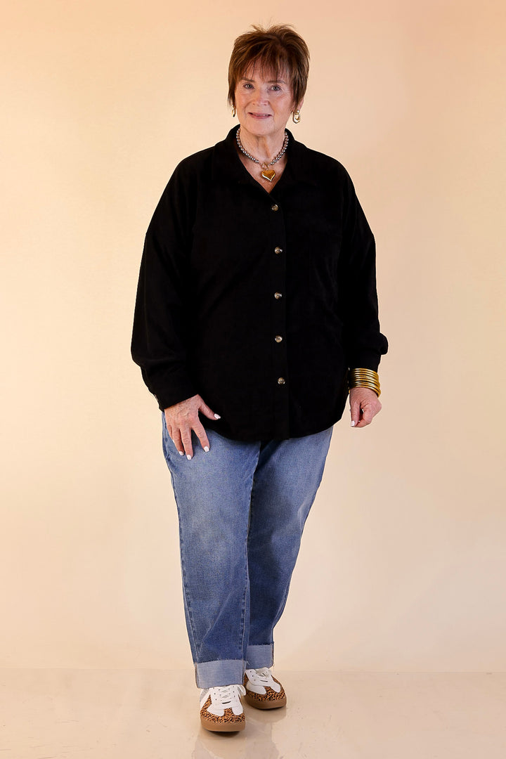 Plus Sizes | Captivating Cuteness Corduroy Button Up Shacket in Black