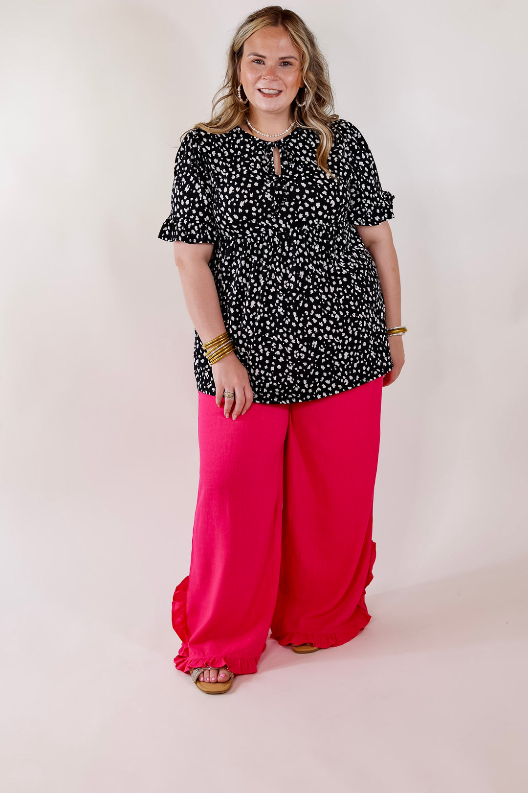 Waiting For A Sign Cheetah Print Babydoll Top with Keyhole and Tie Neckline in Black - Giddy Up Glamour Boutique