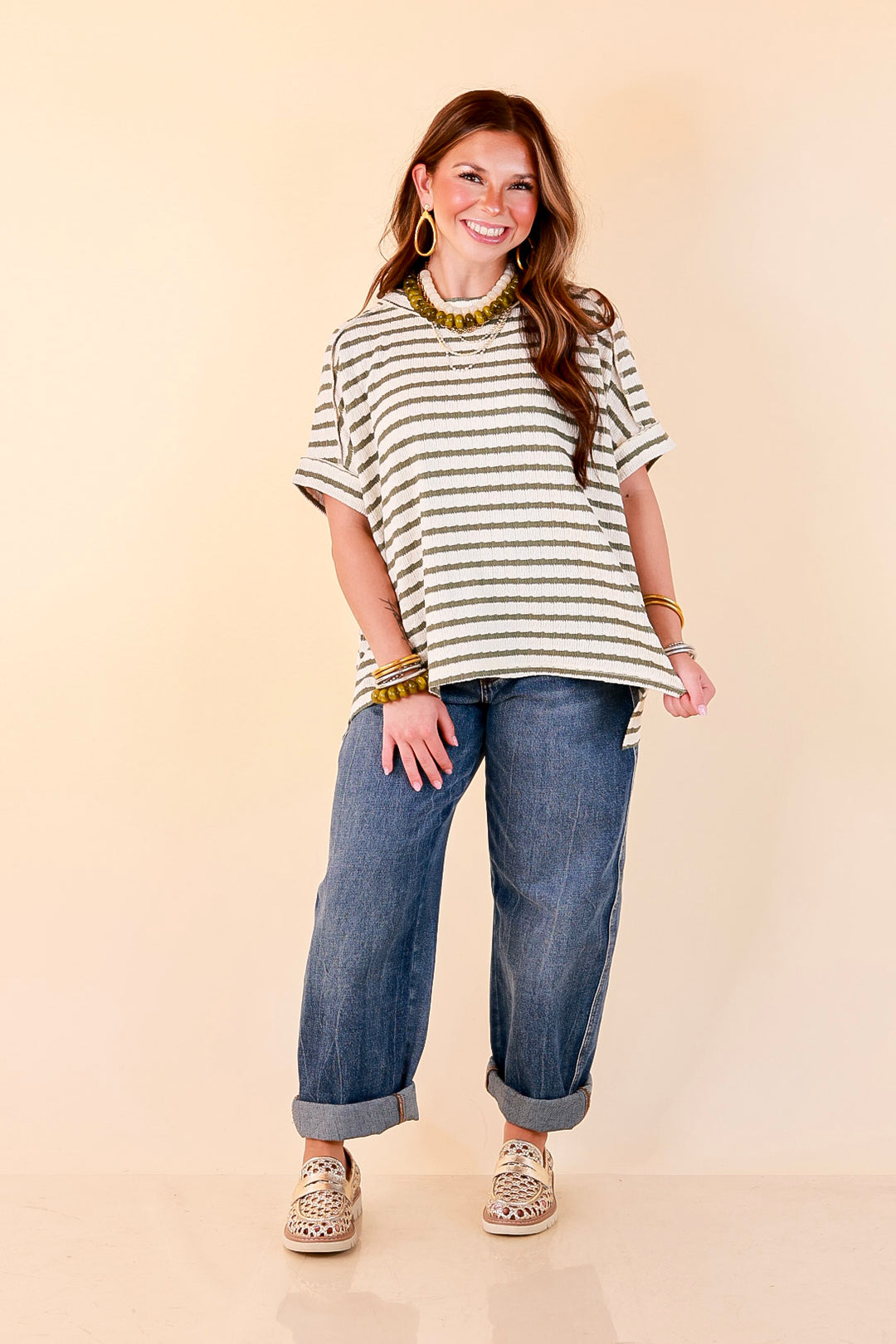 On The Daily Scoop Neck Short Sleeve Striped Textured Top in Olive Green