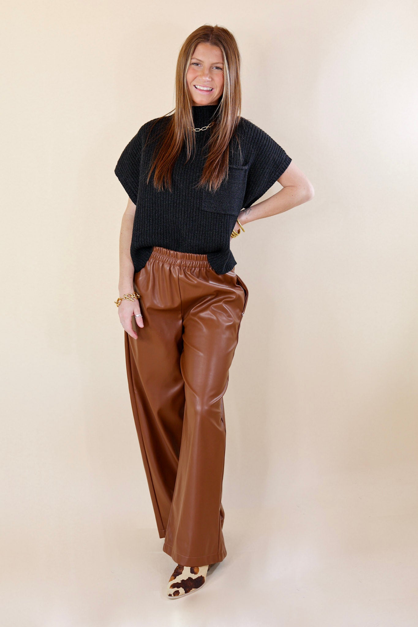 Luxe Feeling Wide Leg Faux Leather Pants in Brown - Giddy Up Glamour Boutique