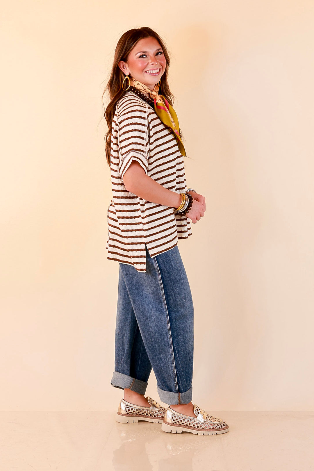 On The Daily Scoop Neck Short Sleeve Striped Textured Top in Chocolate Brown