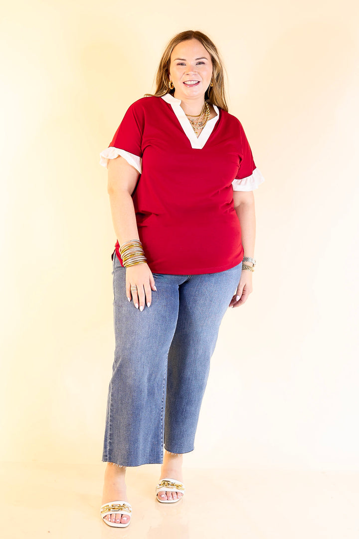 Power Play V Neck with Ruffle Short Sleeves and White Trim in Maroon