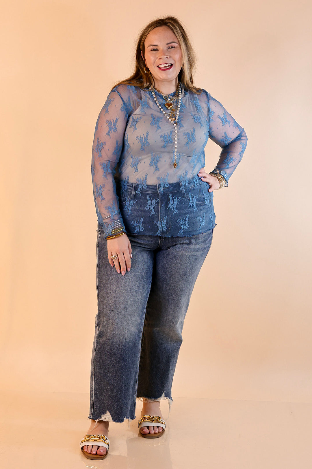 Delicate Charm Long Sleeve Sheer Lace Top with Mock Neck in Blue