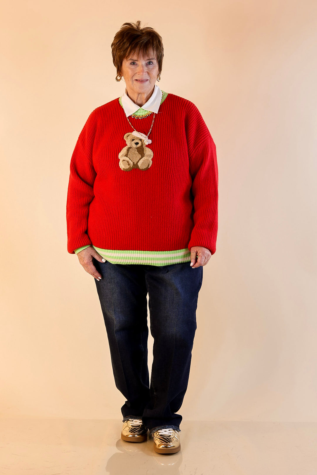 Simply Southern | Beary Merry Crewneck Sweater with Teddy Bear Graphic and Green Trim in Red